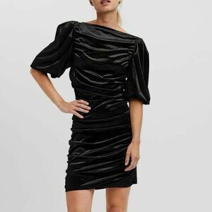 Vero Moda Black Velvet Boat Neck Ruched Puff Sleeve Cocktail Dress Size Medium
